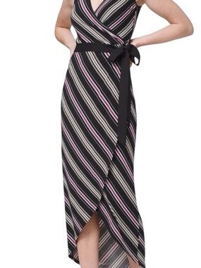 White House Black Market Striped Wrap Maxi Dress in Black, Pink & White